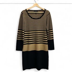 Connected Apparel Black and Gold Striped Midi Dress